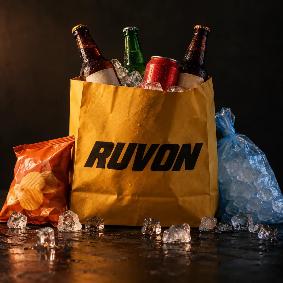 Saco Ruvon cheio de bebidas geladas, gelo e snacks para a tua noite